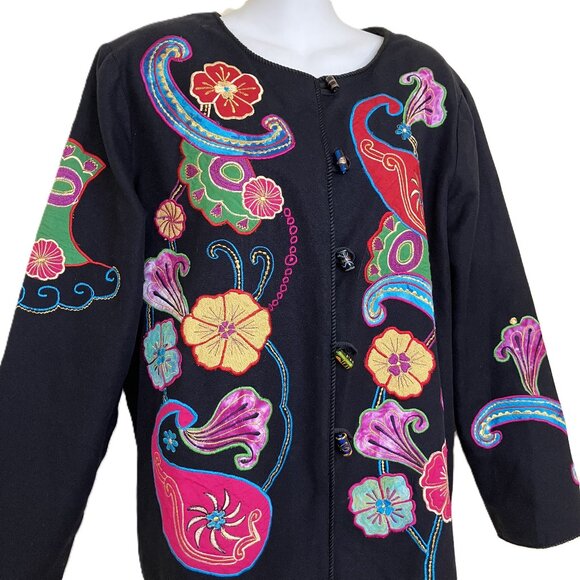 Indigo Moon Flower Applique Jacket Glass Buttons Black with Colorful Floral - Picture 2 of 7